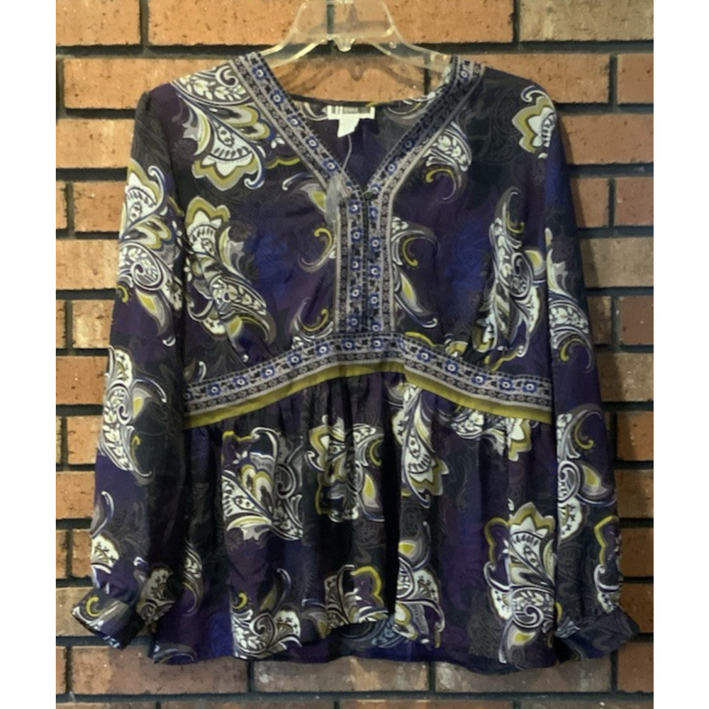 JL Studio Womens Purple Sheer Paisley Print Blouse V Neck Size 18W